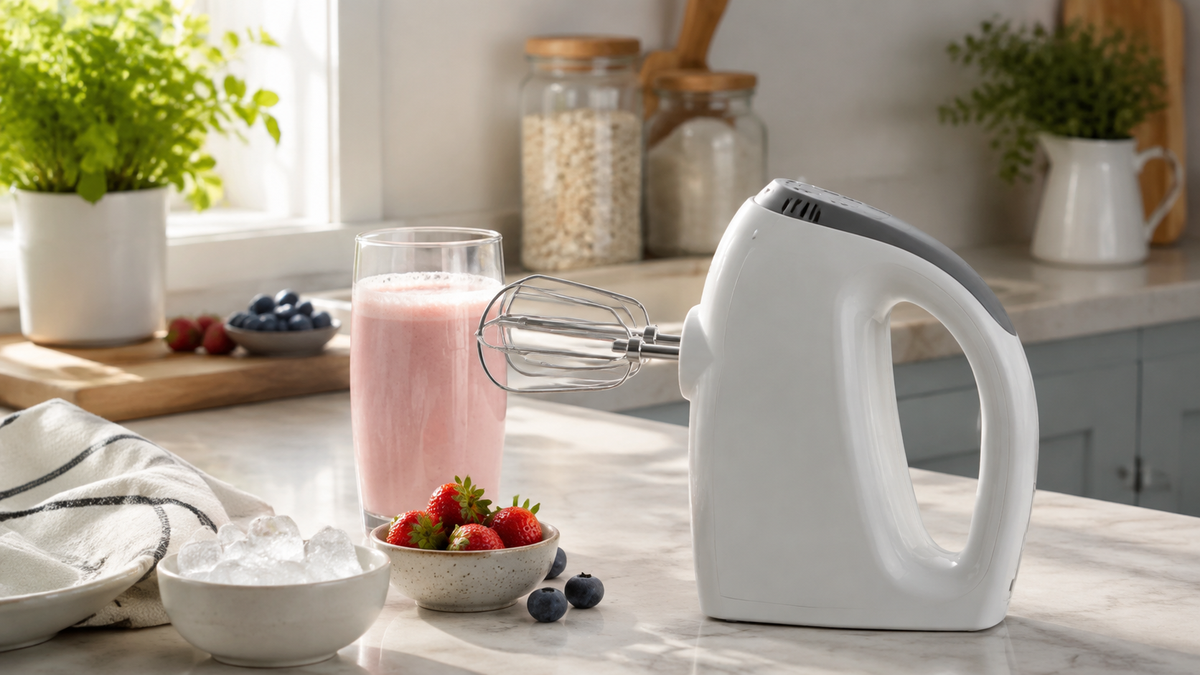 Generic handheld drink mixer beside a glass on a clean kitchen counter