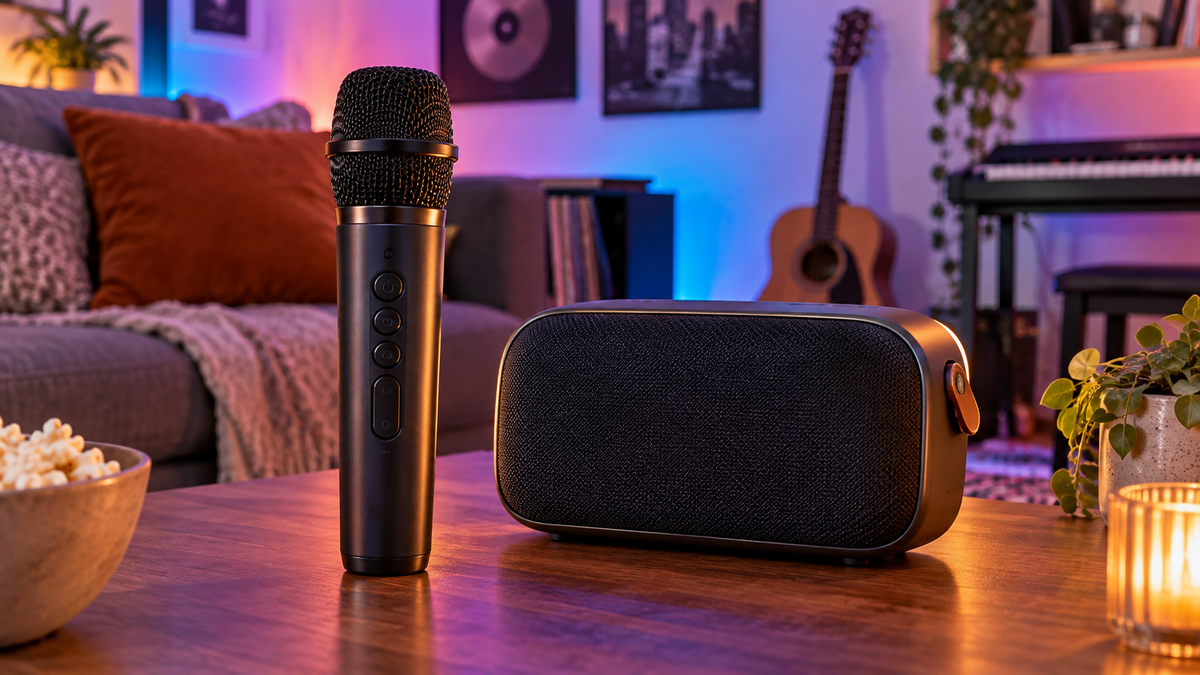 Unbranded handheld karaoke microphone beside a compact speaker in a home music room