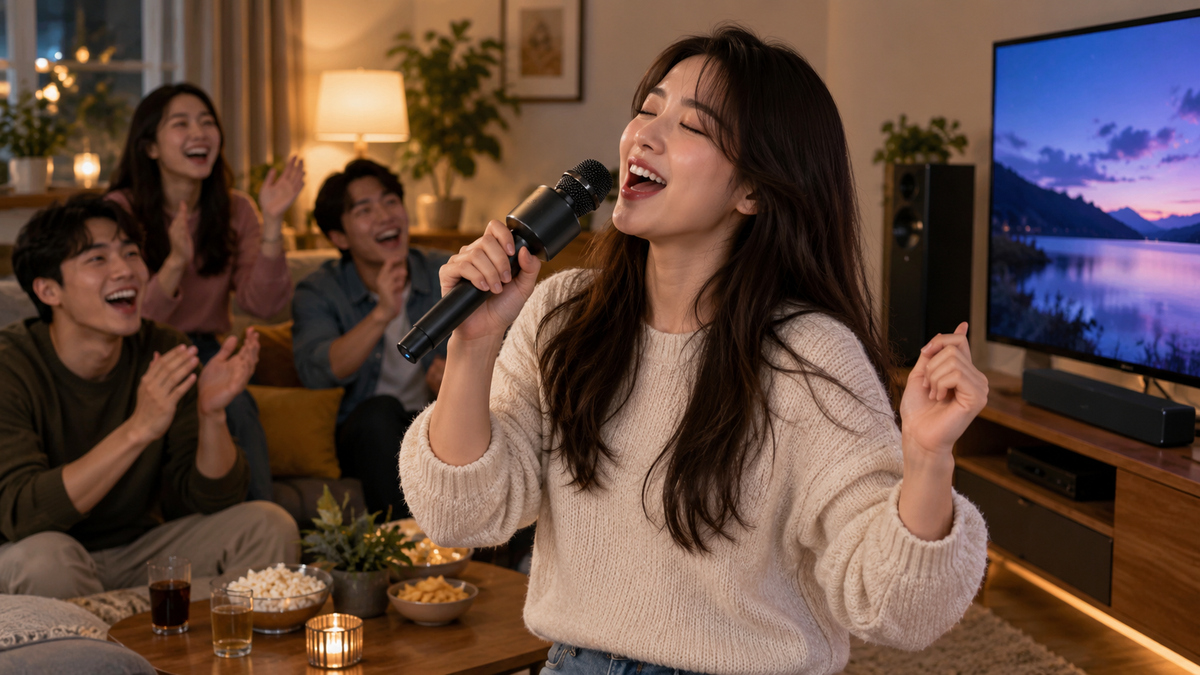 Unbranded handheld KTV microphone in a simple home karaoke setup without visible branding