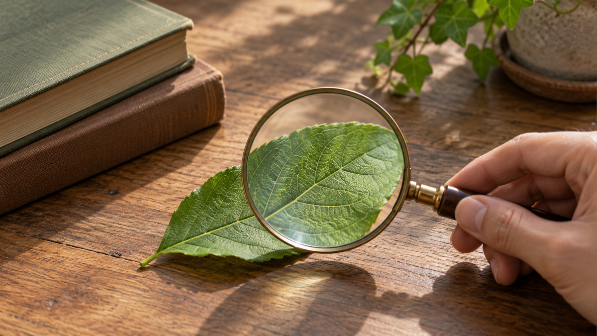 Handheld magnifying glass enlarging the texture of a leaf on a desk