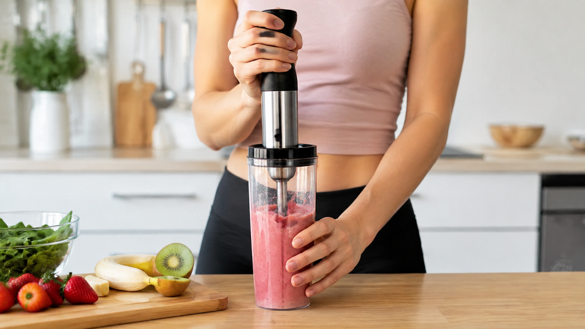 Unbranded handheld smoothie blender with fruit in a clear cup