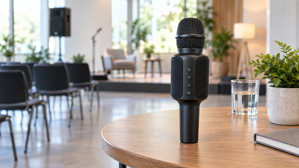 Unbranded handheld microphone with an integrated compact speaker in a presentation setting