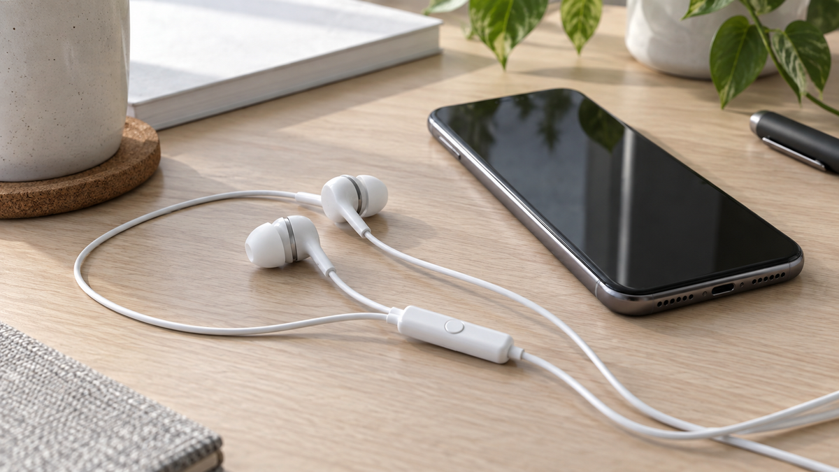 Unbranded handsfree earphones with microphone controls on a clean desk beside a smartphone