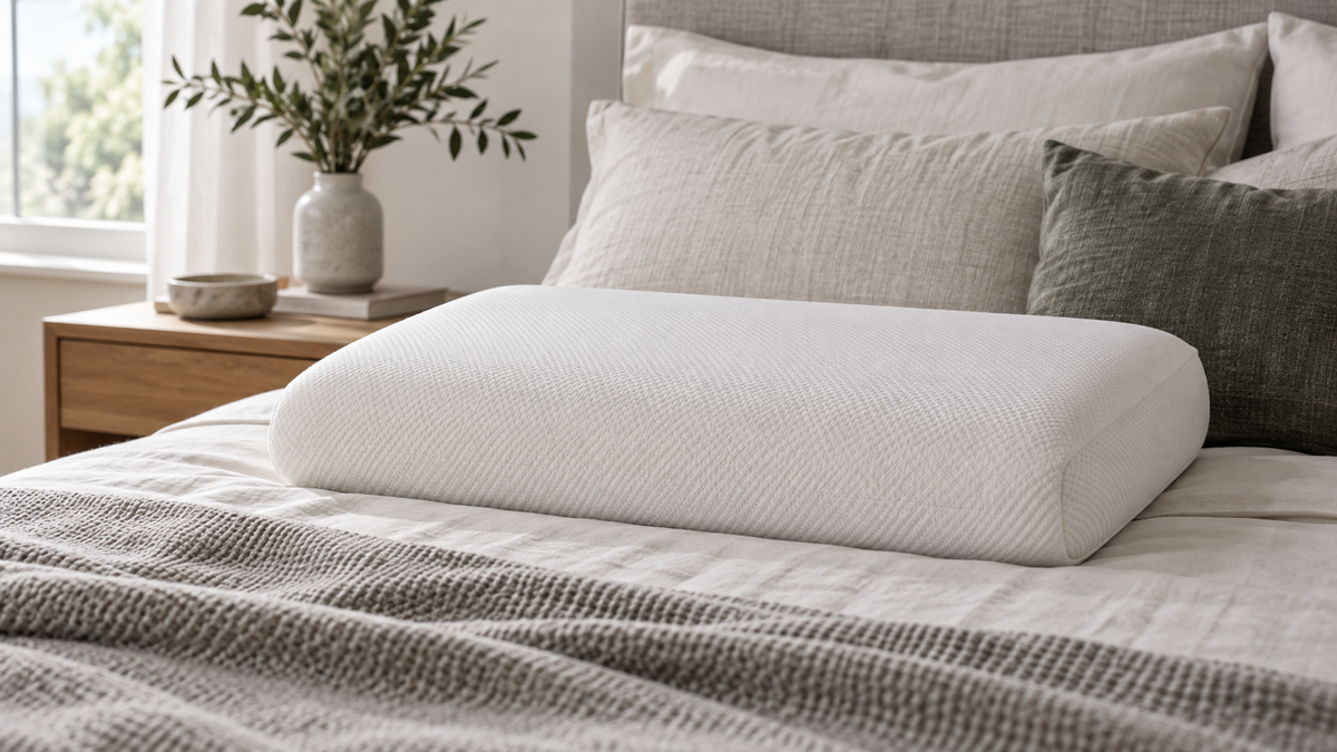 Firm unbranded foam pillow with a structured profile on a neutral bed