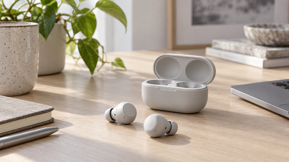 Unbranded true wireless Bluetooth headset earbuds with charging case on a neutral desk