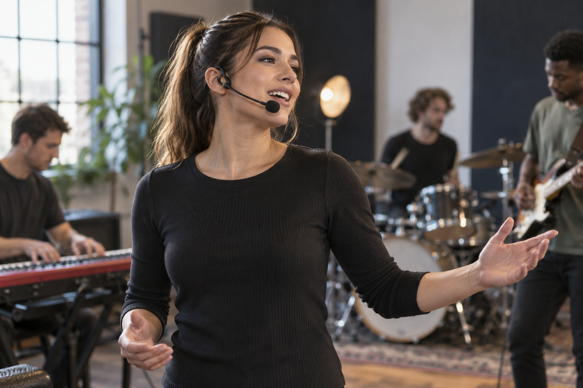 Unbranded headworn microphone positioned on a singer in a rehearsal space