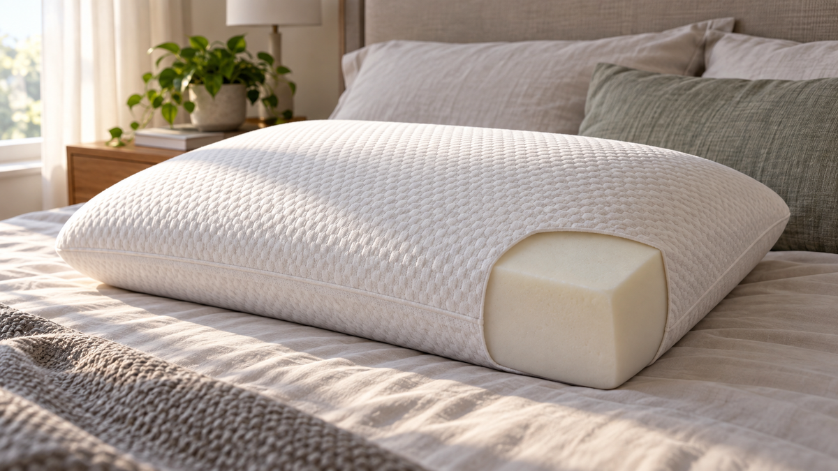 Heavy memory foam pillow with dense foam detail on a neutral bed