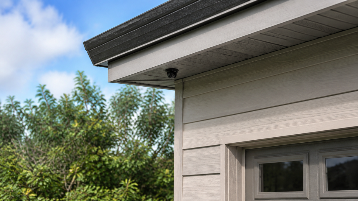 Small discreet outdoor security camera installed beneath a home eave