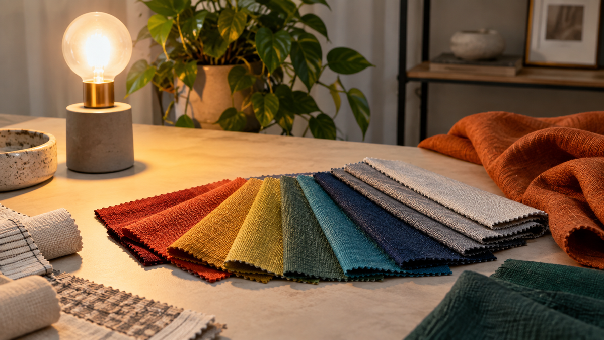 Unbranded smart bulb illuminating colorful fabric swatches in a neutral room