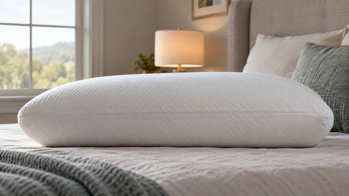 High-loft memory foam pillow shown from the side on a bed