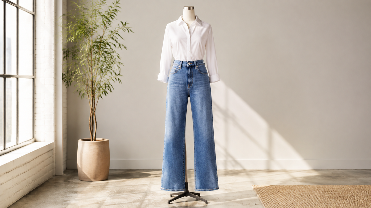 High waisted blue jeans with a white blouse on a dress form