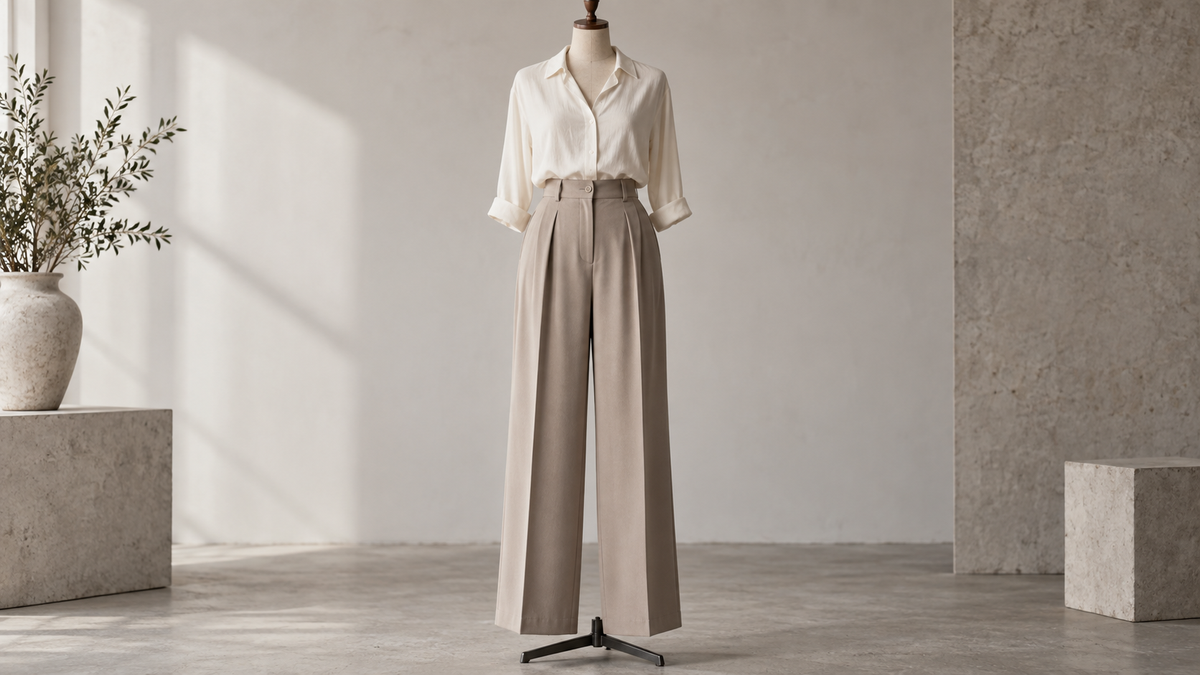 Unbranded high-waisted trousers styled with a tucked neutral blouse