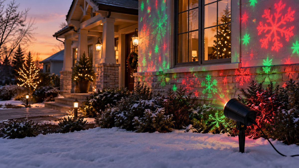 Unbranded holiday light projector casting tasteful abstract lights on a home exterior at dusk