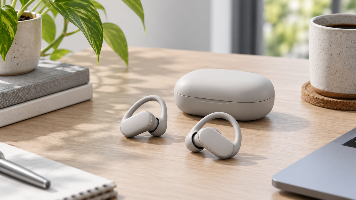 Generic ear-hook wireless earbuds and charging case on a clean desk