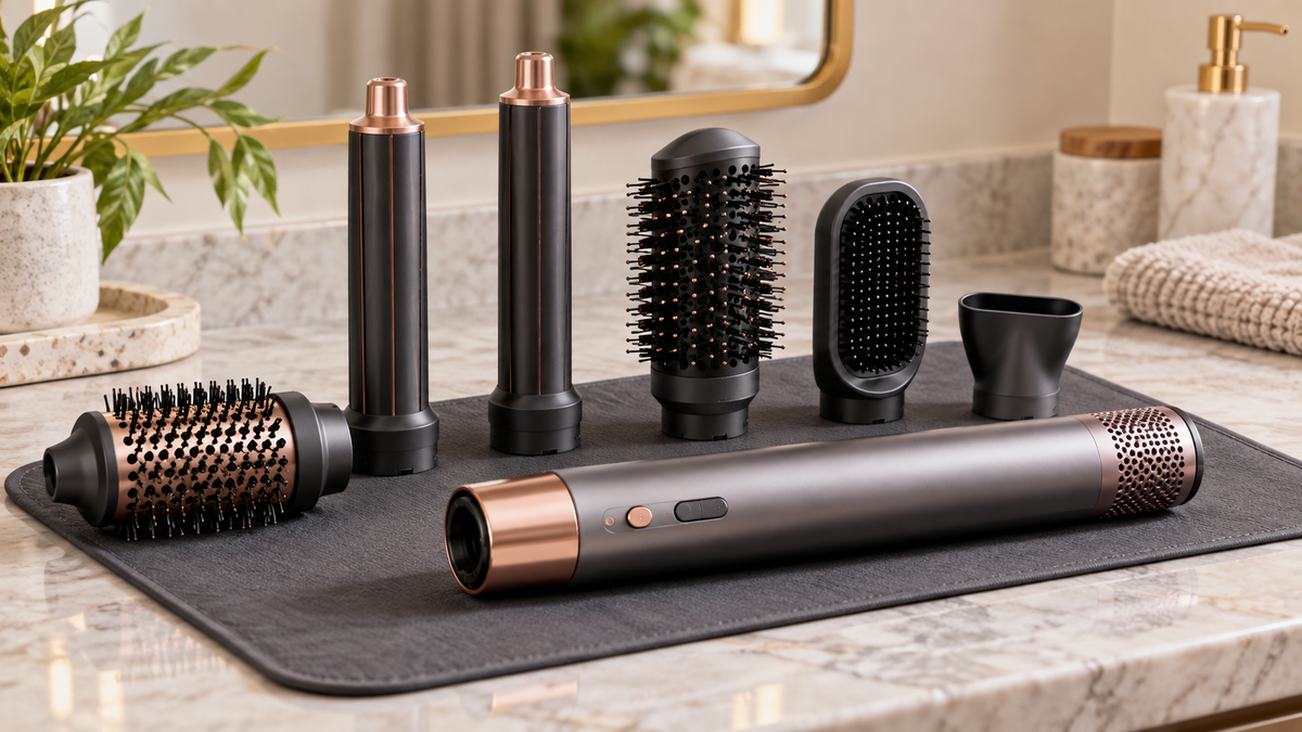 Hot air styling wand with several attachments arranged on a heat resistant vanity mat