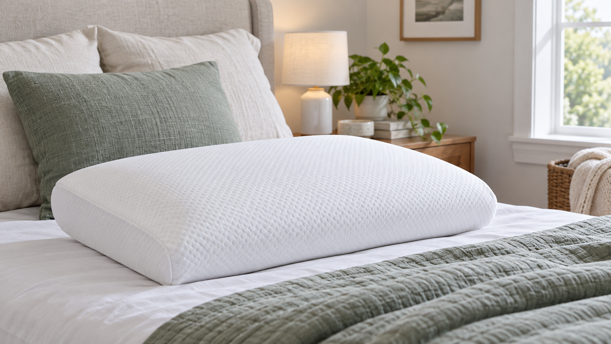Unbranded memory foam pillow with removable washable cover in a clean neutral bedroom