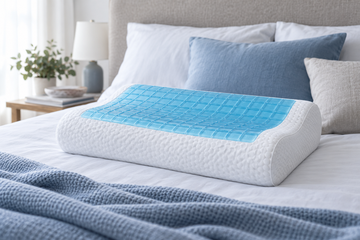 Unbranded cooling gel pillow on a fresh neutral bed with soft blue accents