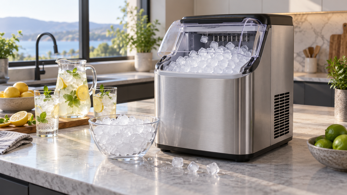 Unbranded high-output countertop ice maker producing clear ice in a clean kitchen
