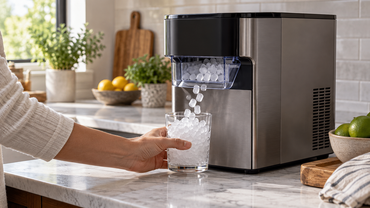 Unbranded countertop pellet ice maker producing small soft ice pellets in a bright kitchen