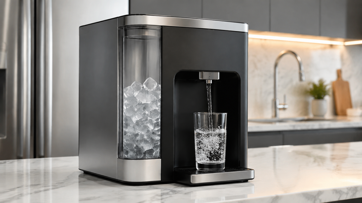 Unbranded countertop ice and water dispenser in a kitchen