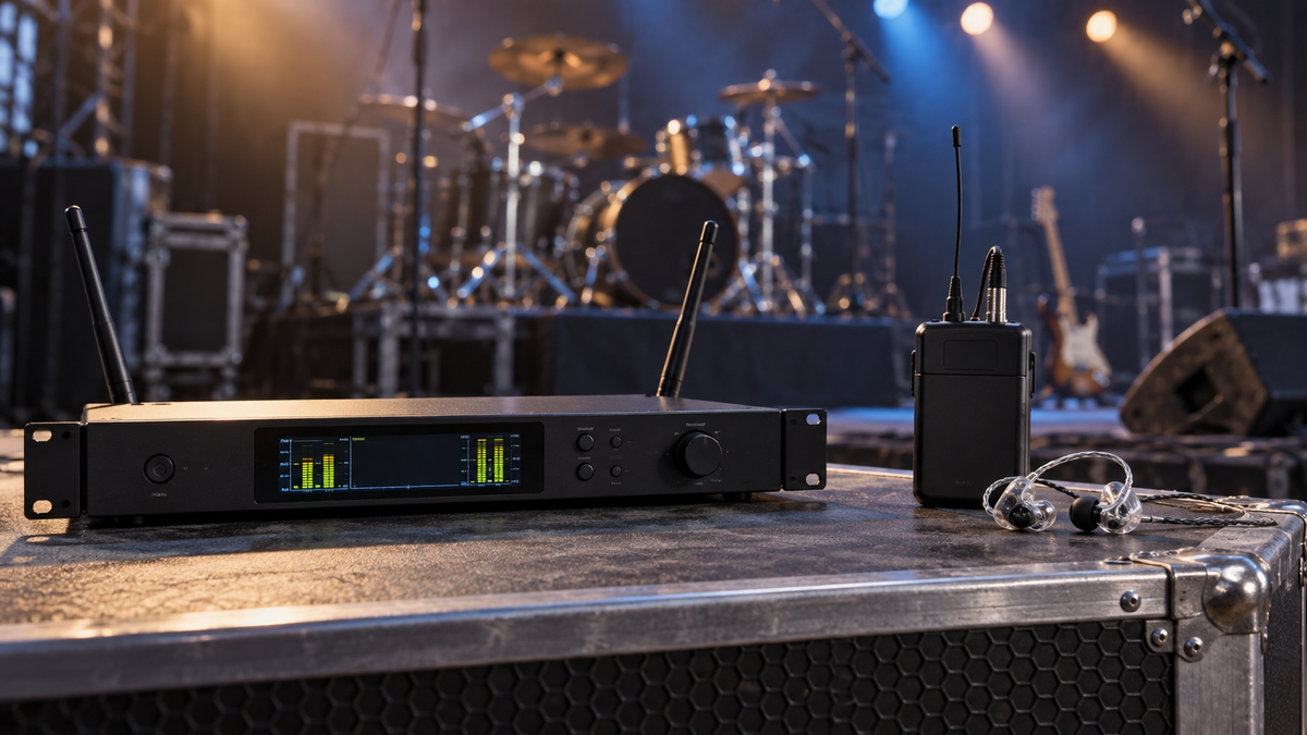 Unbranded wireless in-ear monitor transmitter and bodypack receiver on a stage setup