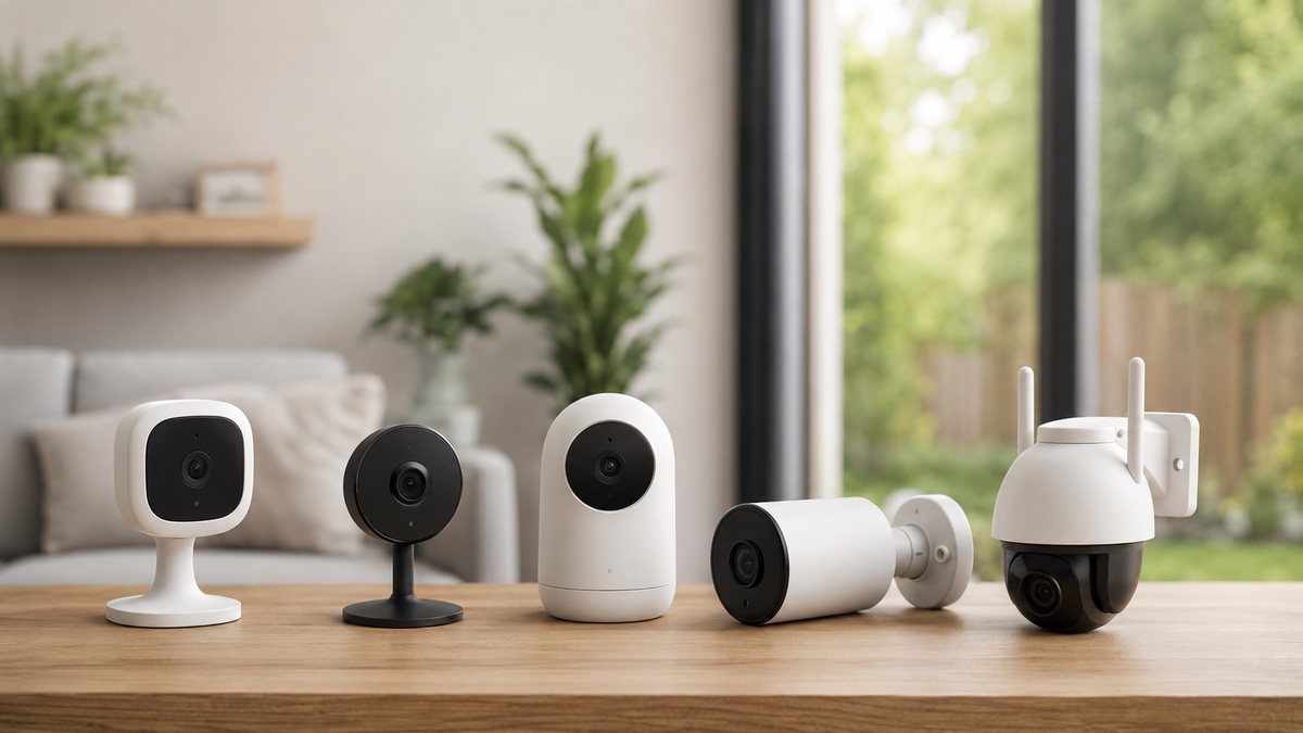 Several generic affordable home security camera styles on a workbench