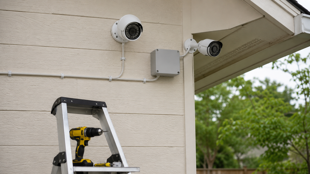 Outdoor security camera installation tools and weatherproof hardware
