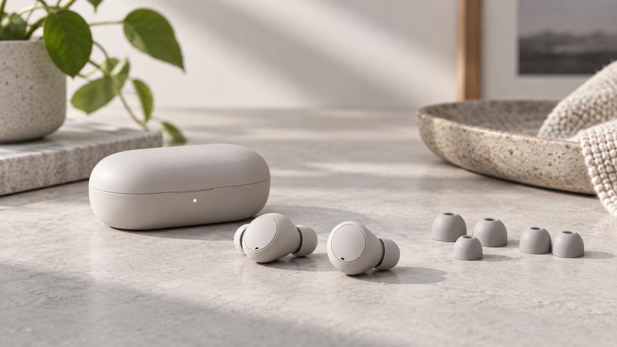 Low-profile wireless earbuds with charging case and ear tips