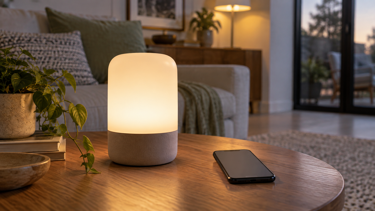 Unbranded modern IoT lamp glowing beside a generic phone with a blank control screen