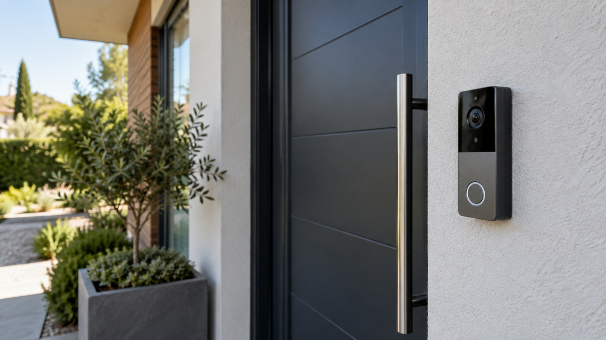 Unbranded IP doorbell camera installed visibly beside a modern front door