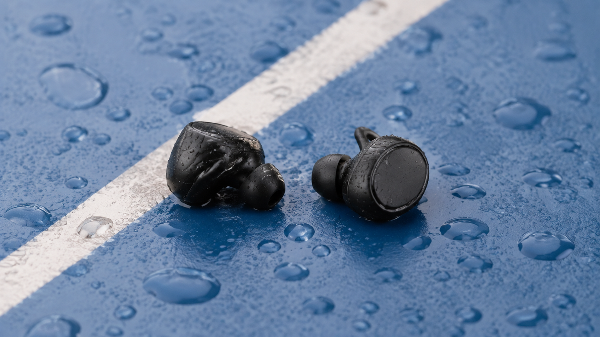 Unbranded IPX7 earbuds with water droplets