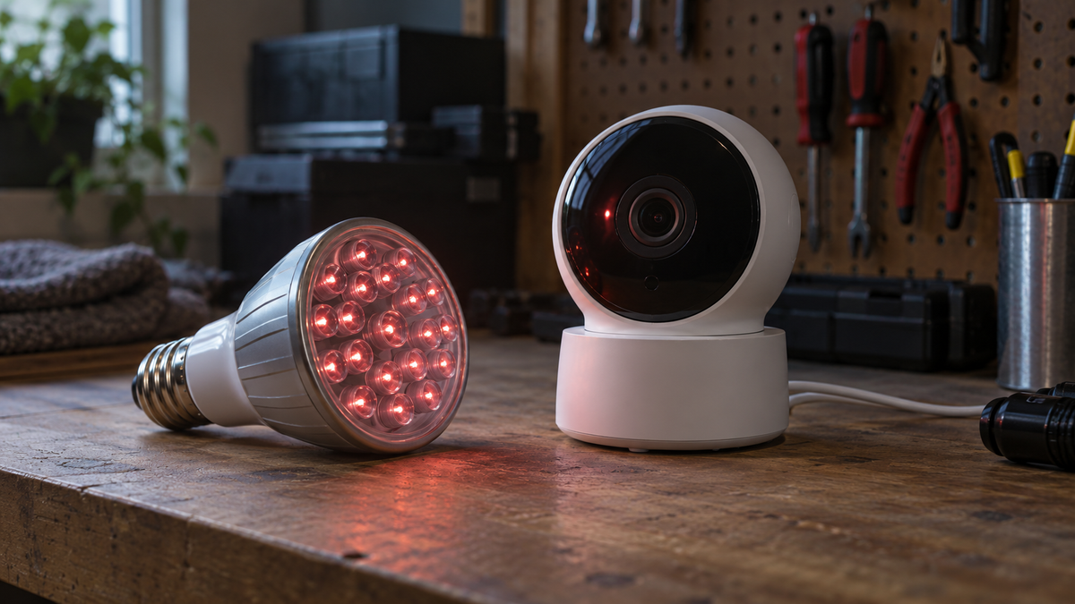 Unbranded infrared LED bulb beside a plain security camera on a workbench