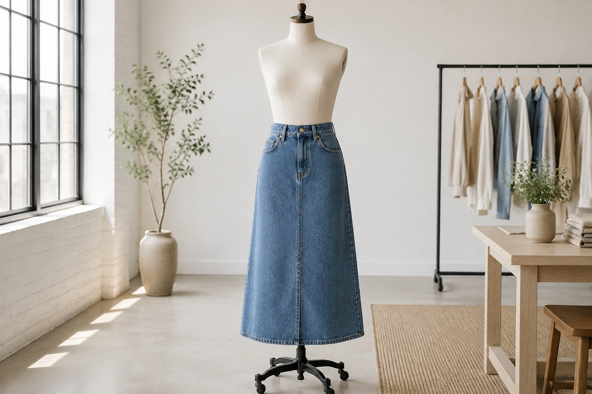 Mid-blue denim jean skirt on a dress form in a bright fashion studio