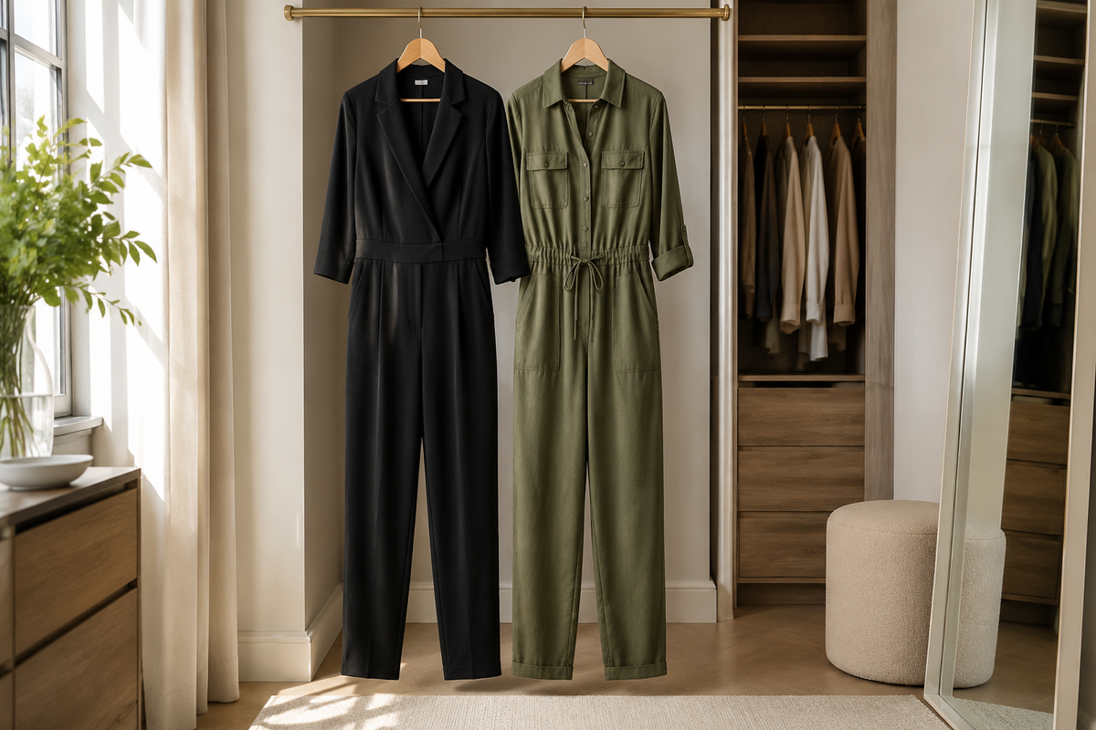 Tailored black and relaxed olive jumpsuits displayed in a bright dressing room