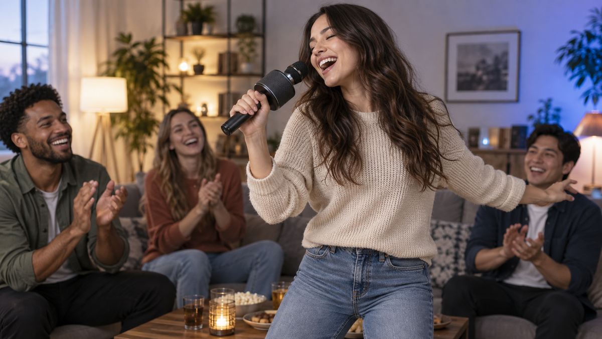 Unbranded karaoke microphone with an integrated Bluetooth speaker in a small home entertainment setting