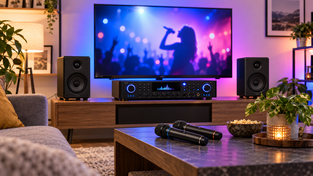 Karaoke mixer and wireless microphones in a home entertainment setup