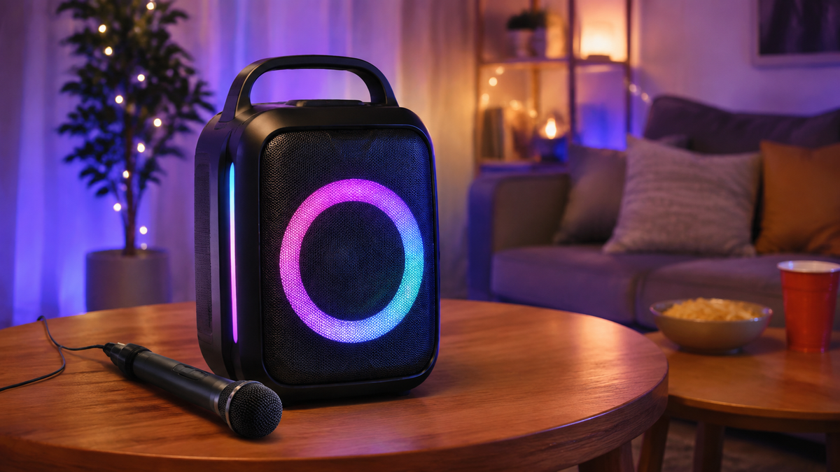 Unbranded karaoke speaker with microphone in a home setting