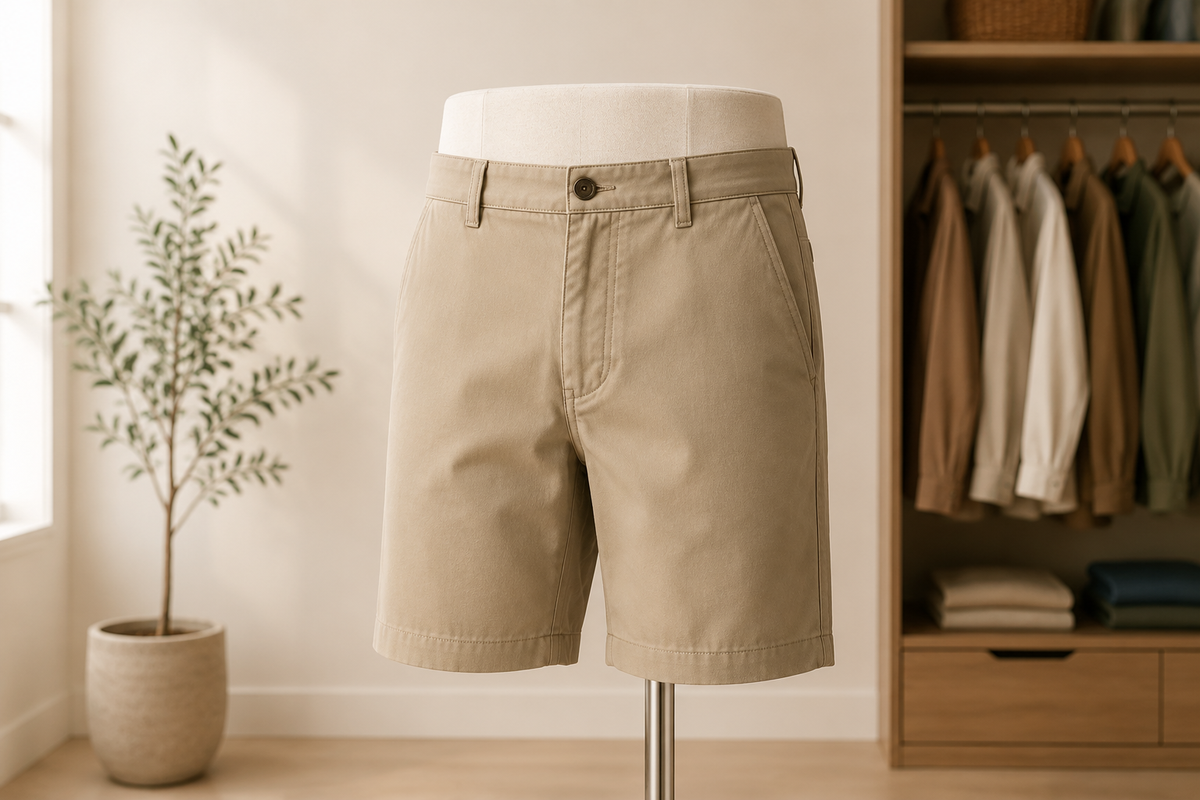 Khaki twill shorts on a display form in a contemporary wardrobe studio