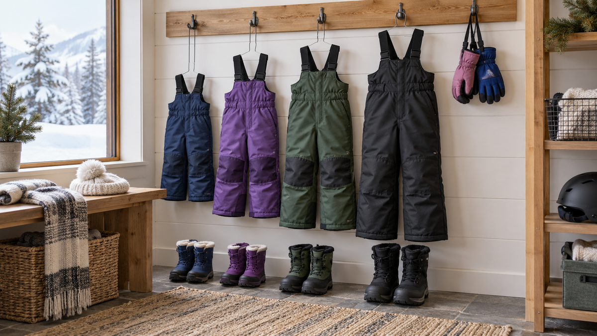 Unbranded kids' snow pants arranged with winter boots and gloves