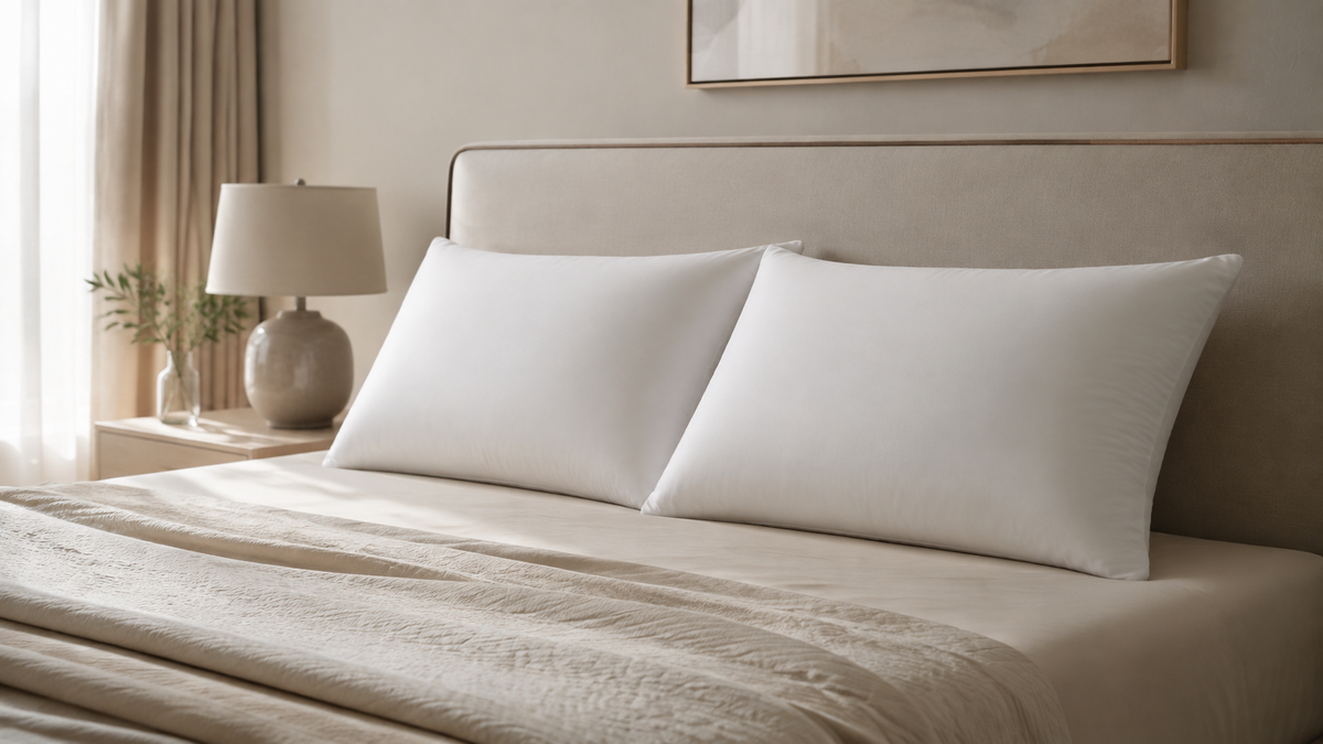 Two generic king size foam pillows on a neatly made neutral bed