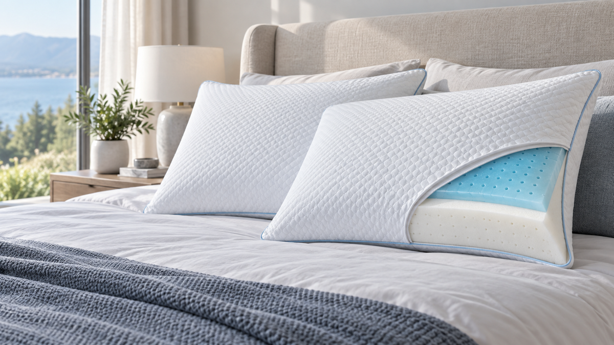 Pair of king size gel pillows arranged on a large neutral bed