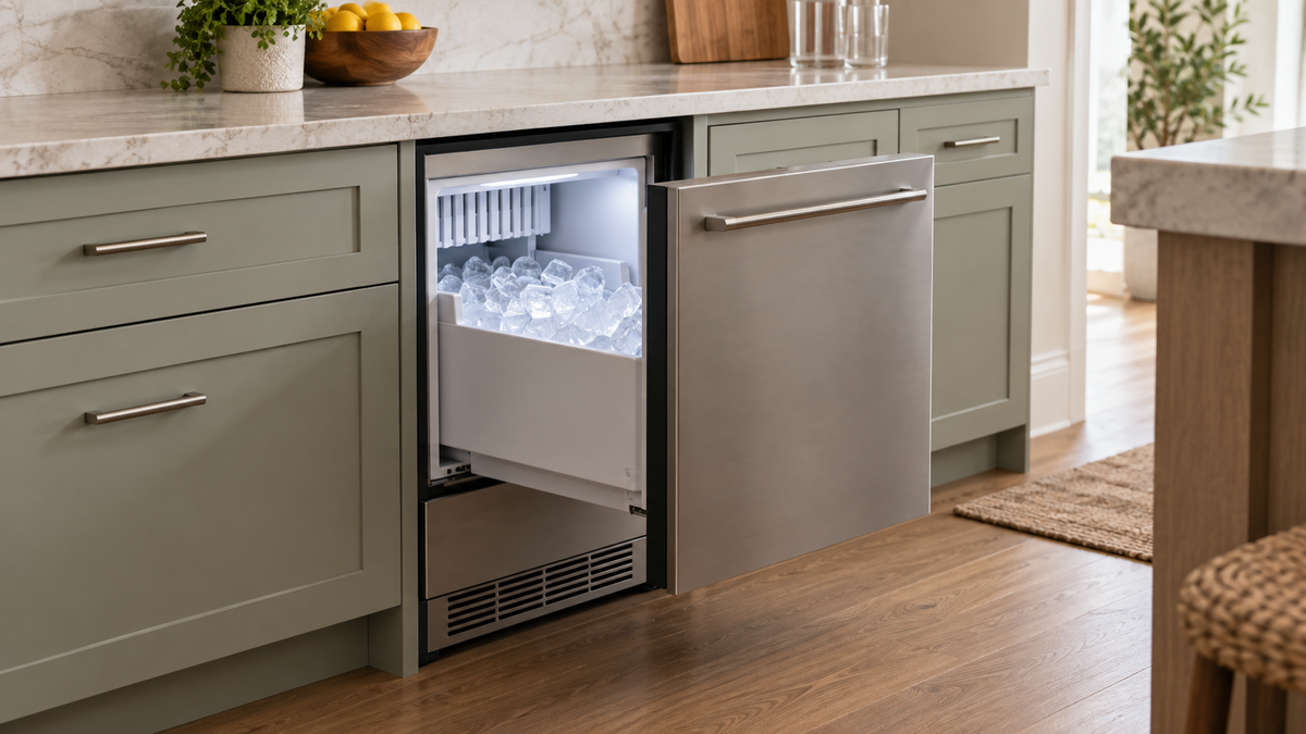 Compact built-in ice maker integrated into modern kitchen cabinetry