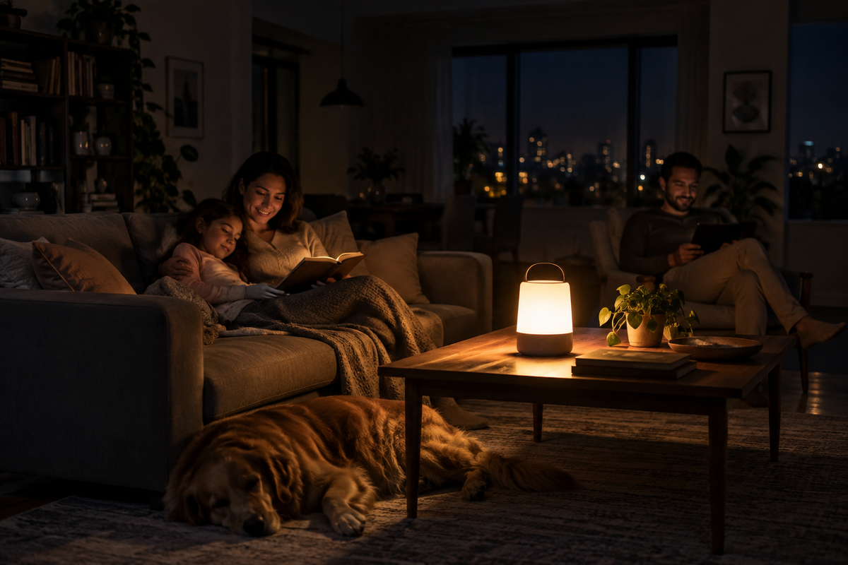 Unbranded battery-backup lamp lighting a calm room during an outage