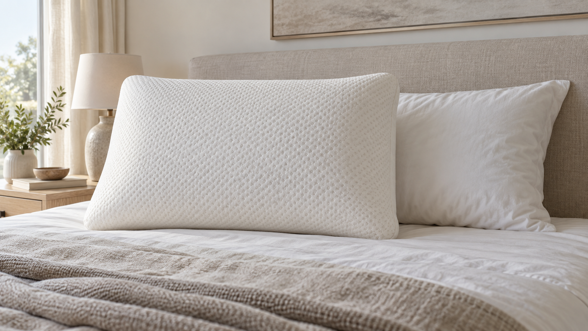 Large memory foam pillow compared with a standard pillow on a bed