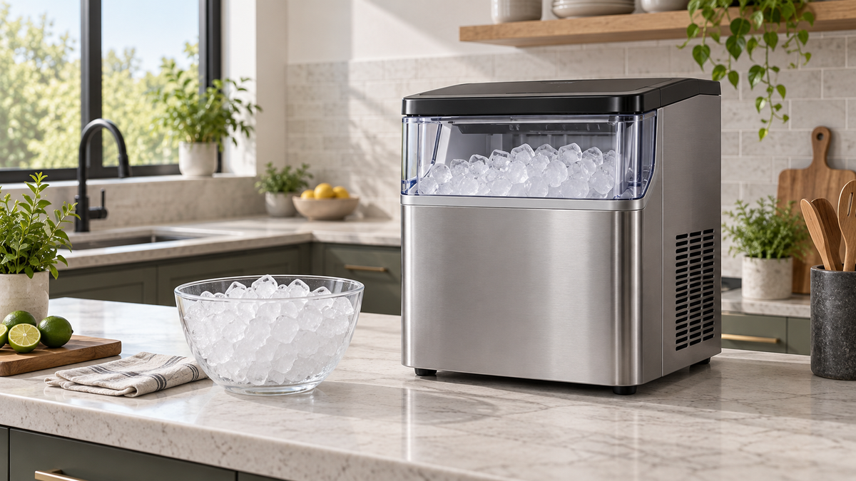 Unbranded large countertop ice maker on a spacious kitchen counter with ample ventilation