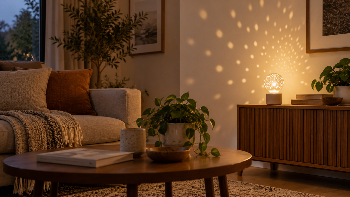 Unbranded smart light bulb casting a subtle decorative pattern in a controlled room with no visible beam aimed at people