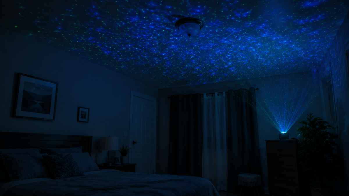Laser star projector casting colored stars across a bedroom ceiling