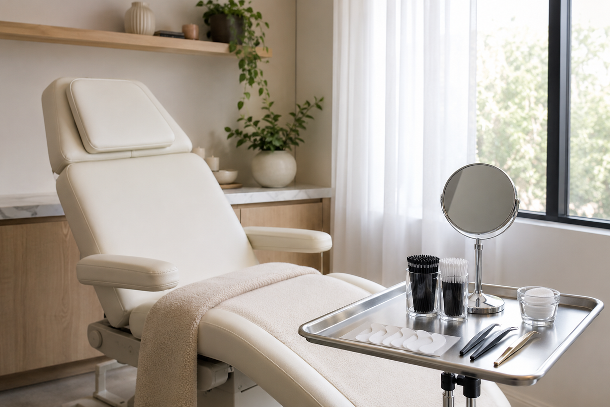 Clean neutral beauty studio prepared for a lash lift consultation