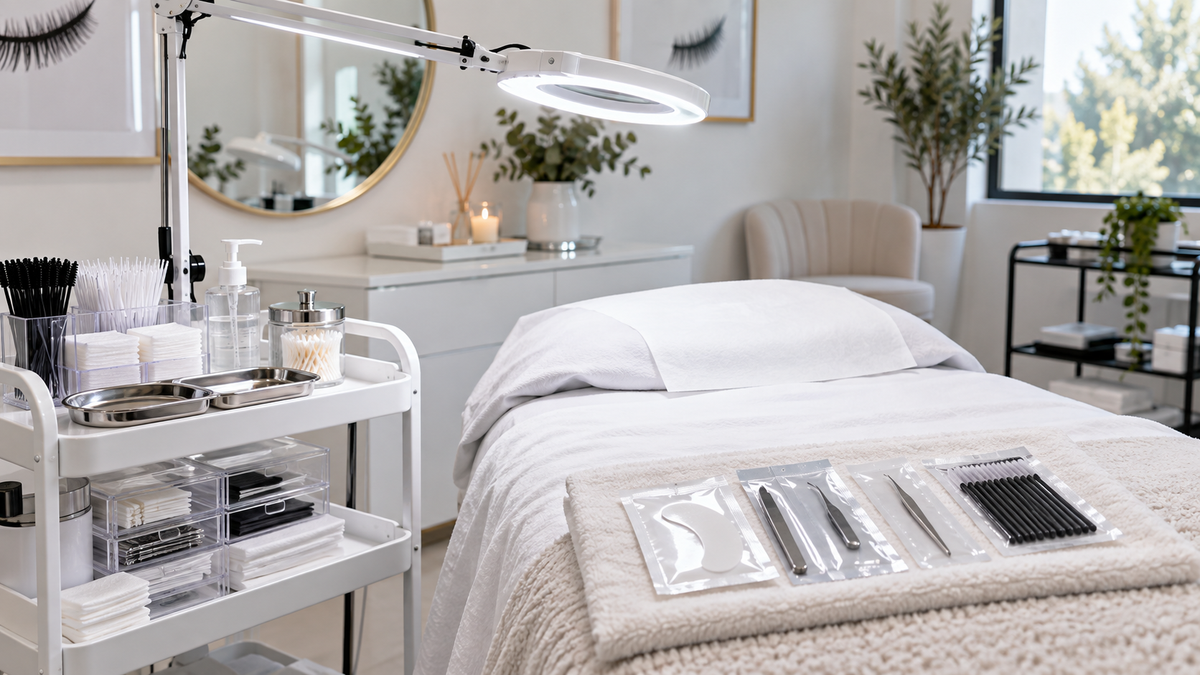 Clean professional lash studio workspace with sealed tools and disposable applicators
