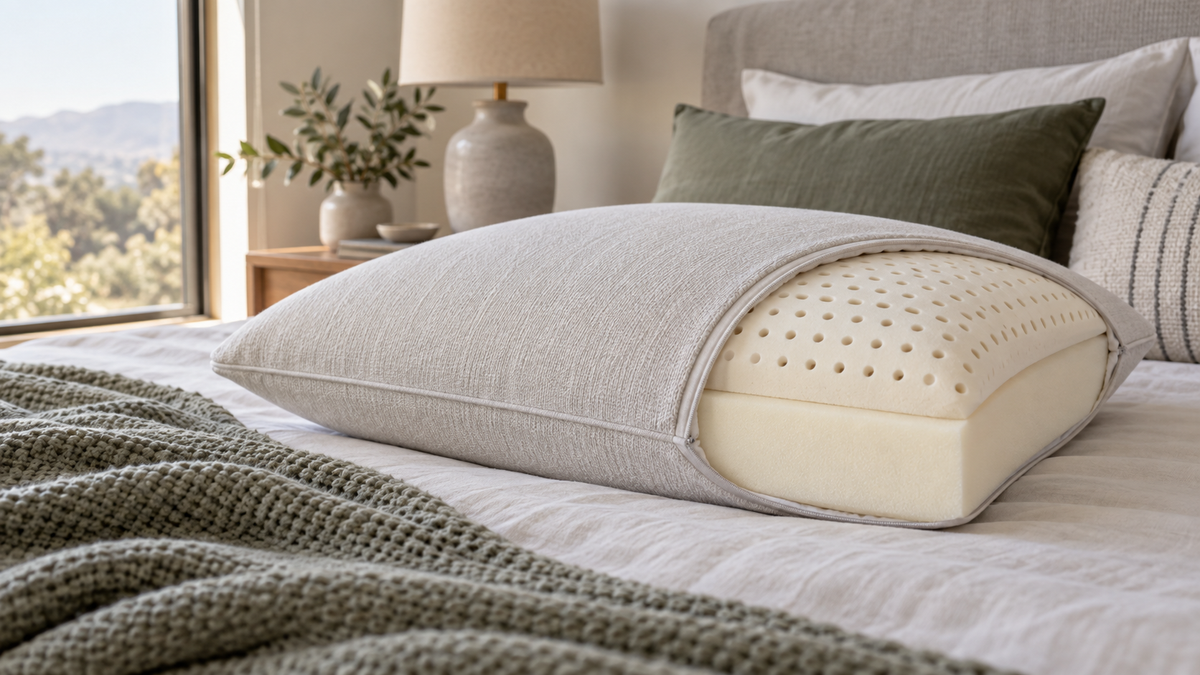 Cutaway latex and memory foam pillow showing distinct layers beneath a neutral cover